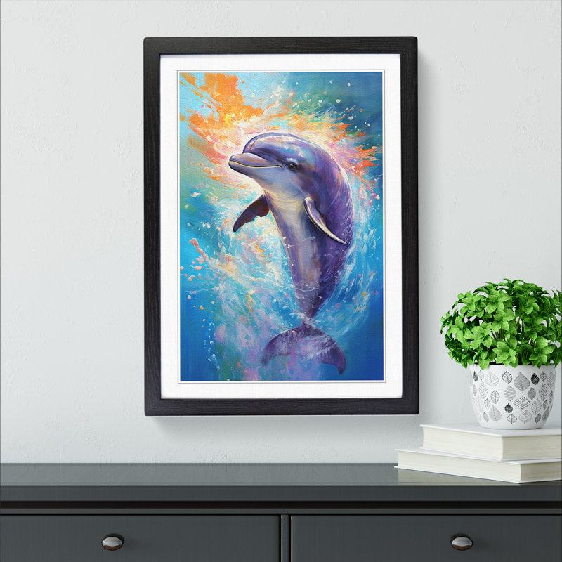 Dolphin Impressionism - Single Picture Frame Print on Wood, 64" H x 46" W x 2" D, Black
