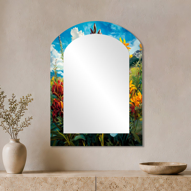 Miroir mural Botanical Arched - Blue Sky Wildflowers in Meadow I, 34" x 25"