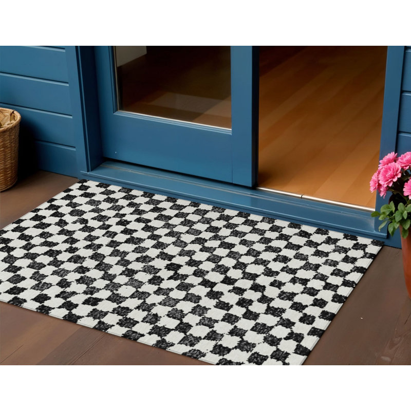 3' X 5' Black And Ivory Geometric Washable Indoor Outdoor Area Rug
