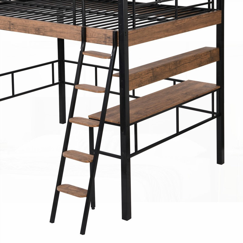 Lit mezzanine double en métal avec DEL, bureau intégré et amp; Rangement - Aucun sommier requis, robuste et robuste Stable
