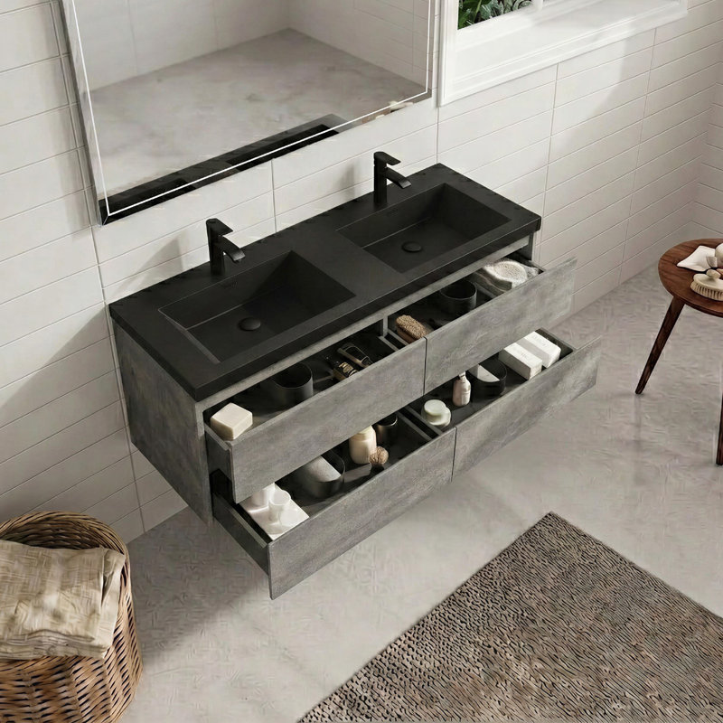  Meuble-lavabo mural 60 po avec lavabo en résine noire 60 po, 2 tiroirs, moderne, résidentiel, luxe abordable, hôtels, centres commerciaux