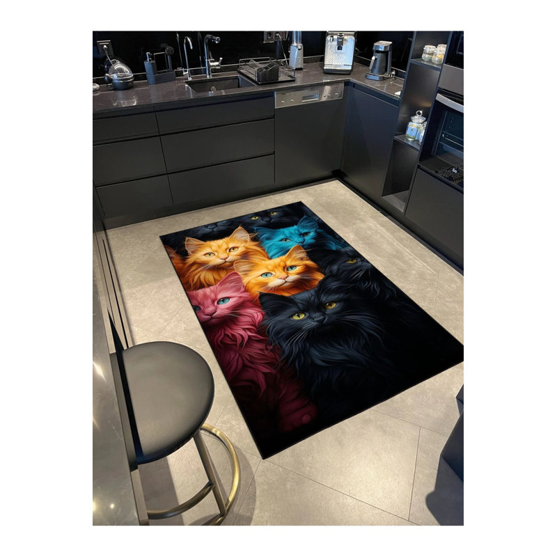 Colorful Cat Animal Patterned Woven Floor Carpet, Runner 3'4" x 9'11"