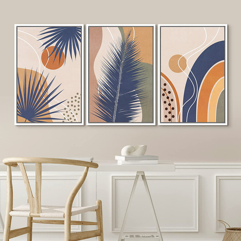 «Mid Century Shape Geometric Palm Leaf Polygon», ensemble de 3 impressions sur toile flottante, H 24 po x l 48 po, Blanc