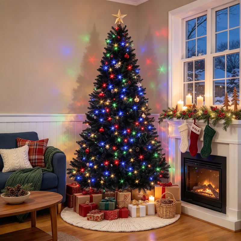 Sapin de Noël artificiel noir de 1,80 m (6 pi) préilluminé, en épinette articulée, avec 280 lumières DEL à couleurs changeantes et 11 modes d'éclairage pour la décoration de la maison et du bureau pendant les fêtes.