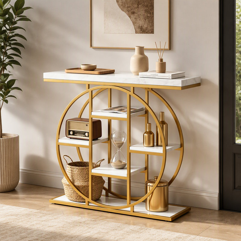Table console moderne et élégante avec étagères à plusieurs niveaux et rangements