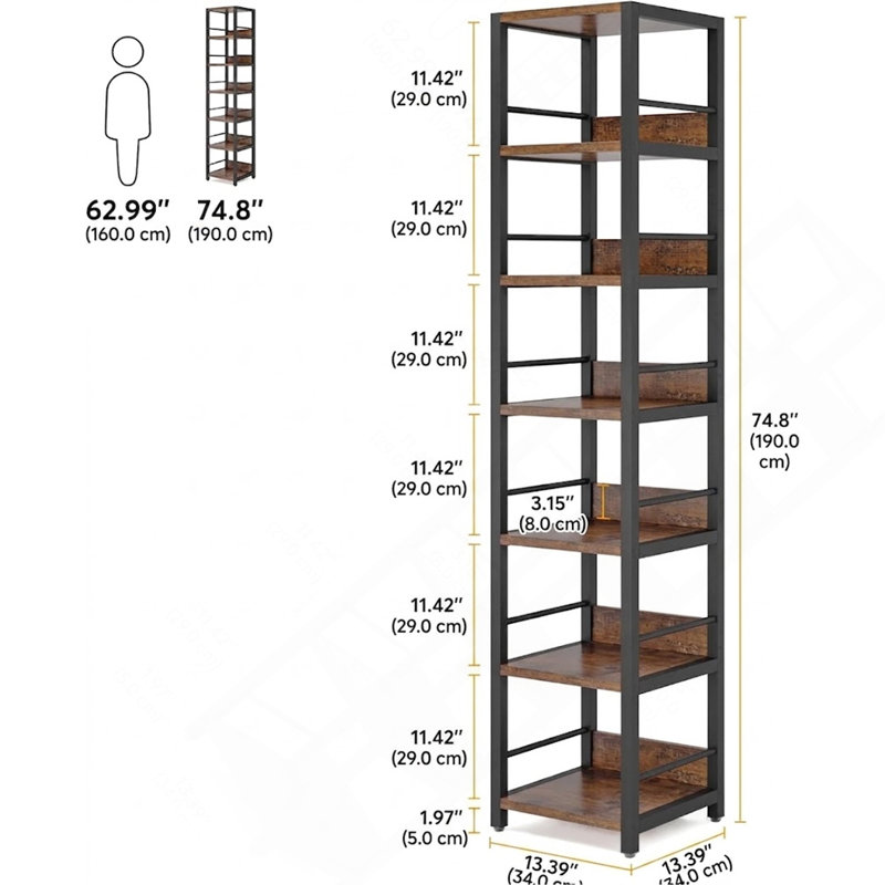 Étagère de coin à 6 niveaux, tablette étroite pour livres et rangements, Noir