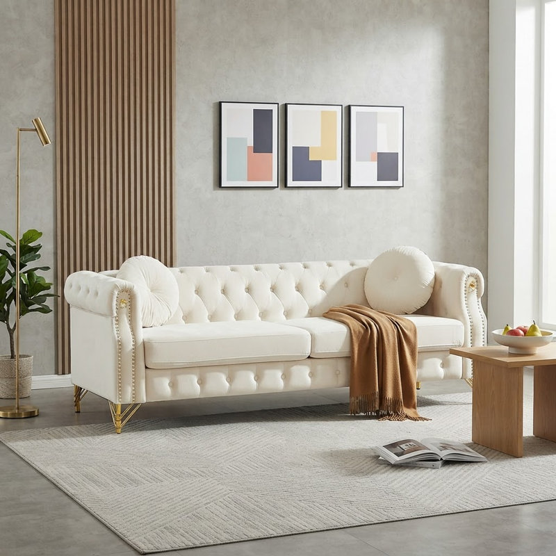 Canapé Chesterfield en velours de 82 pouces avec deux coussins ronds, Beige