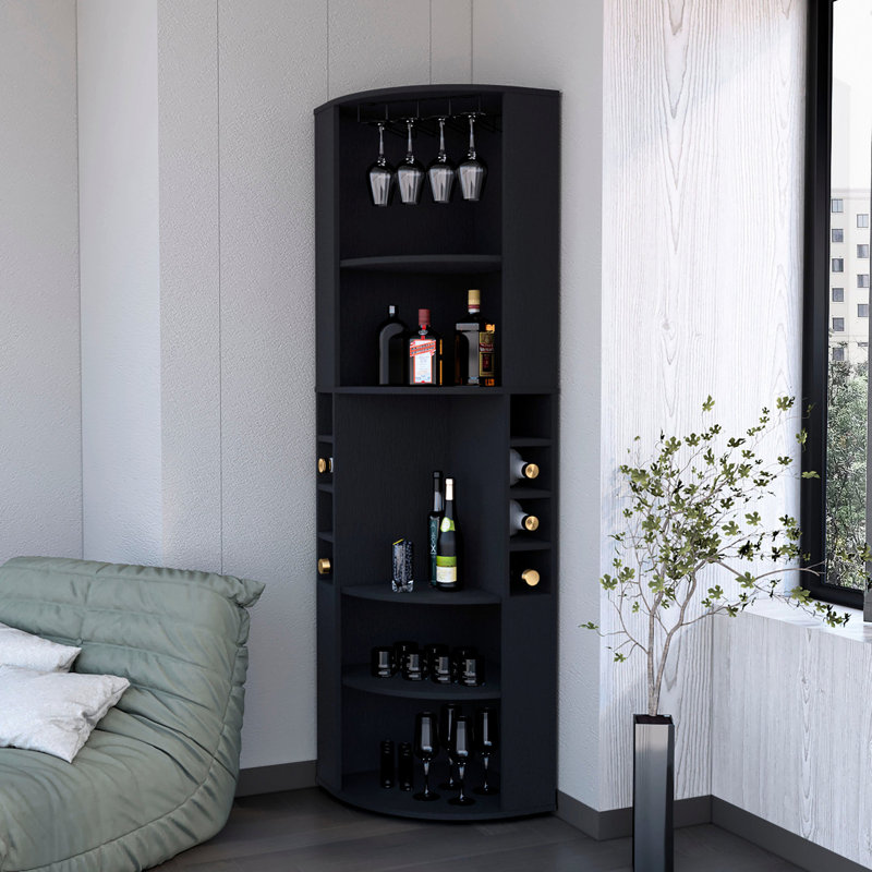 Large Shelves Black Corner Bar Cabinet - Wood, Holds Glassware & Liquors, Enhances Living Room Functionality Wine, Black