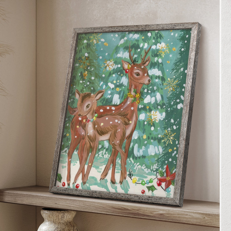 «Doe and Fawn II», reproduction encadrée - bois massif, H 30 po x l 24 po
