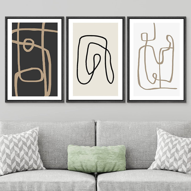 Esthétique abstraite, ligne noire, art moderne minimaliste, encadré sur toile, 3 pièces, H 36 po x l 72 po, Noir