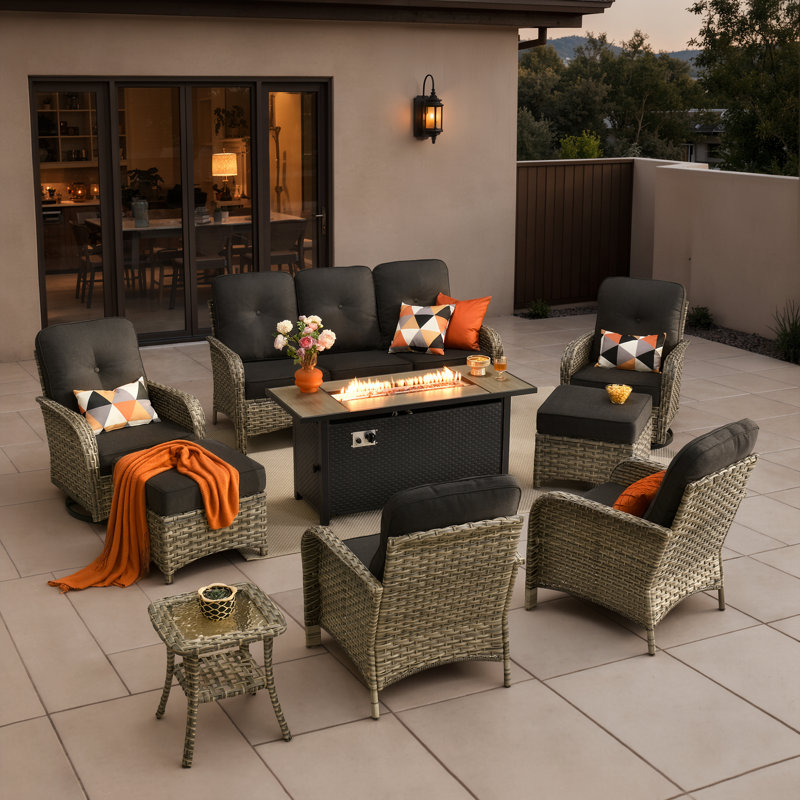 Ensemble de conversation de patio en osier 9 pièces avec table de foyer, coussins pour la détente en plein air