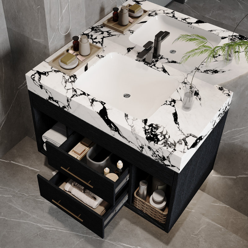 Kaelis 29.9" Modern Floating Vanity With Sintered Stone Top And Ceramic Sink, Black, Black Marbel