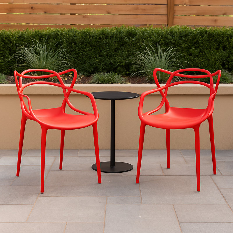 Modern Plastic Outdoor Dining Arm Chair – Stackable, Lightweight, Weather-Resistant Patio Seating, Red