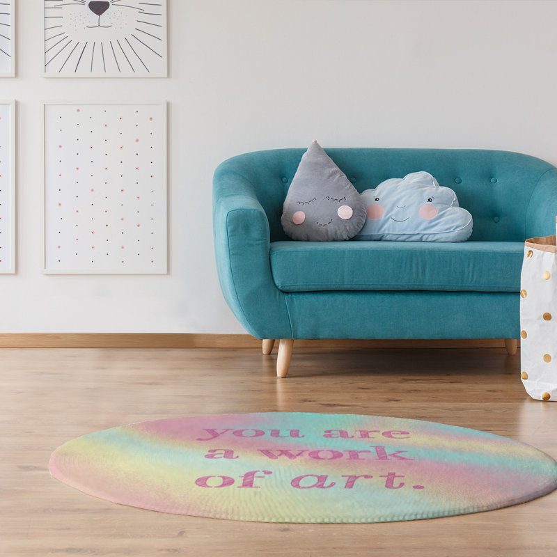 Tapis de travail d’arrière-plan multicolore citation d’art en poly chenille, Rond 5 pi