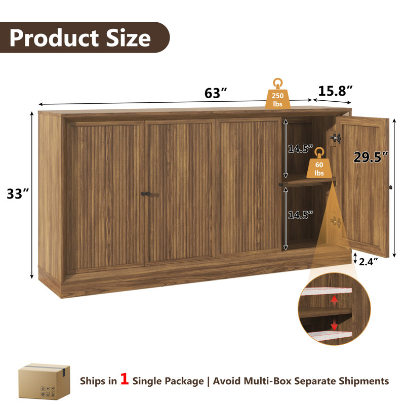 Buffet 63 "cannelé avec 4 portes et tablettes réglables, Brun