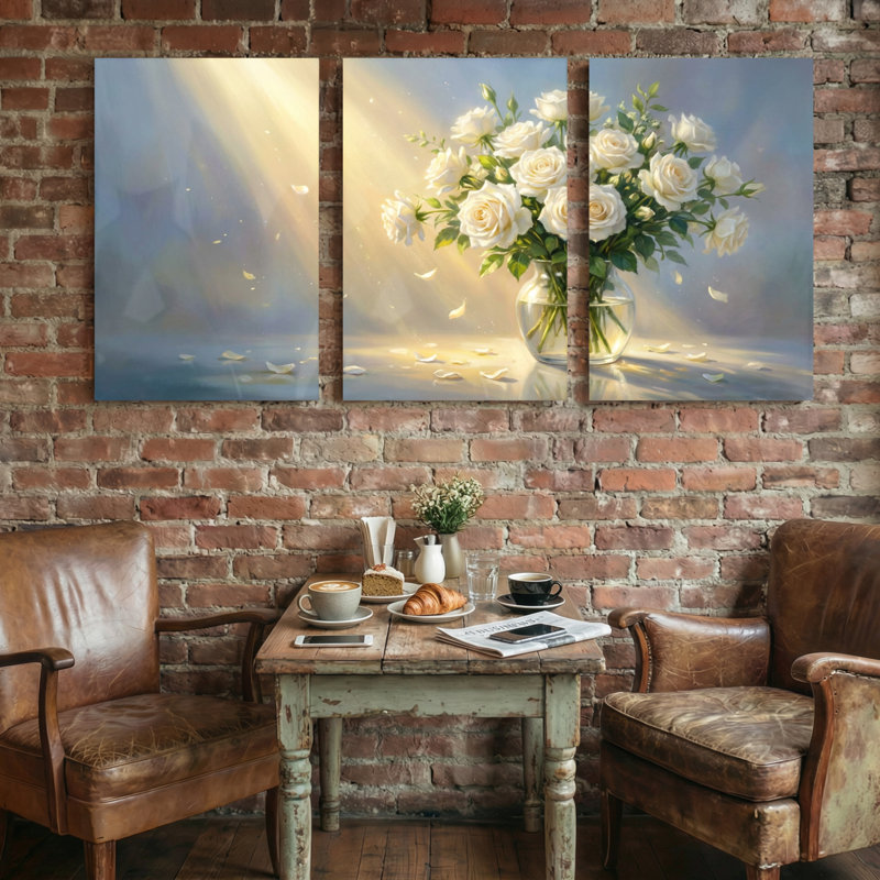 Plants & Flowers Sunlight Roses Vase Reflections Petals Light Background Art Set of 3 Canvas Wall Art Prints, 30" H x 60" W