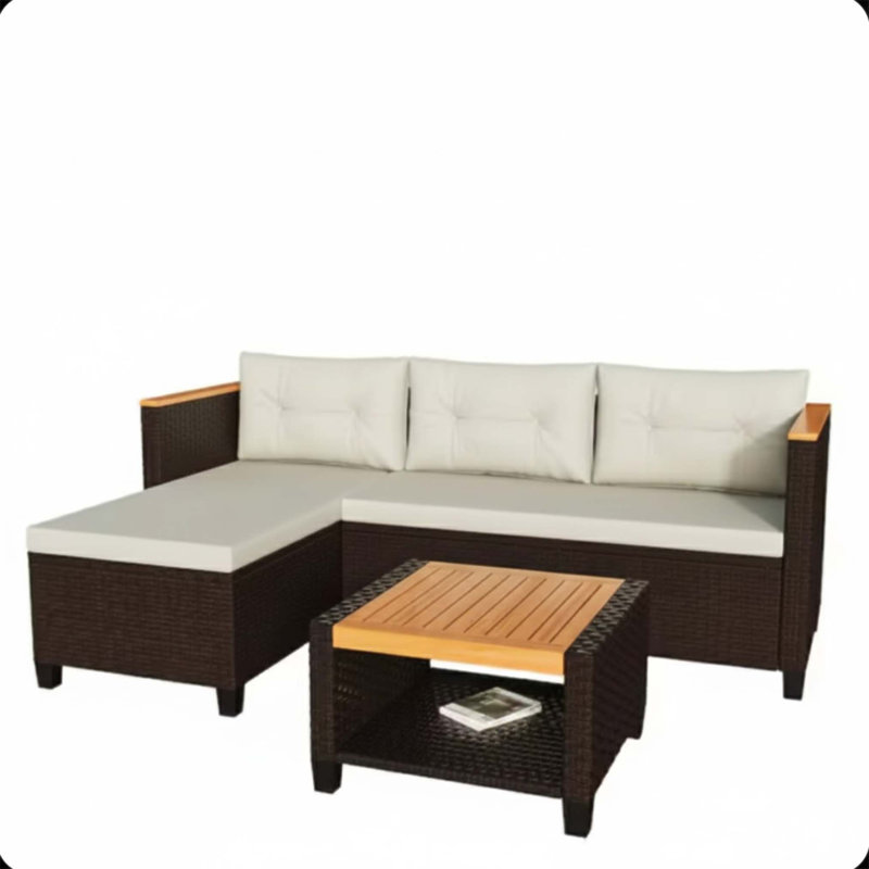 3-Piece L-Shaped Wicker Patio Set With Cushions And Acacia Wood Storage Table For Compact Outdoor Spaces