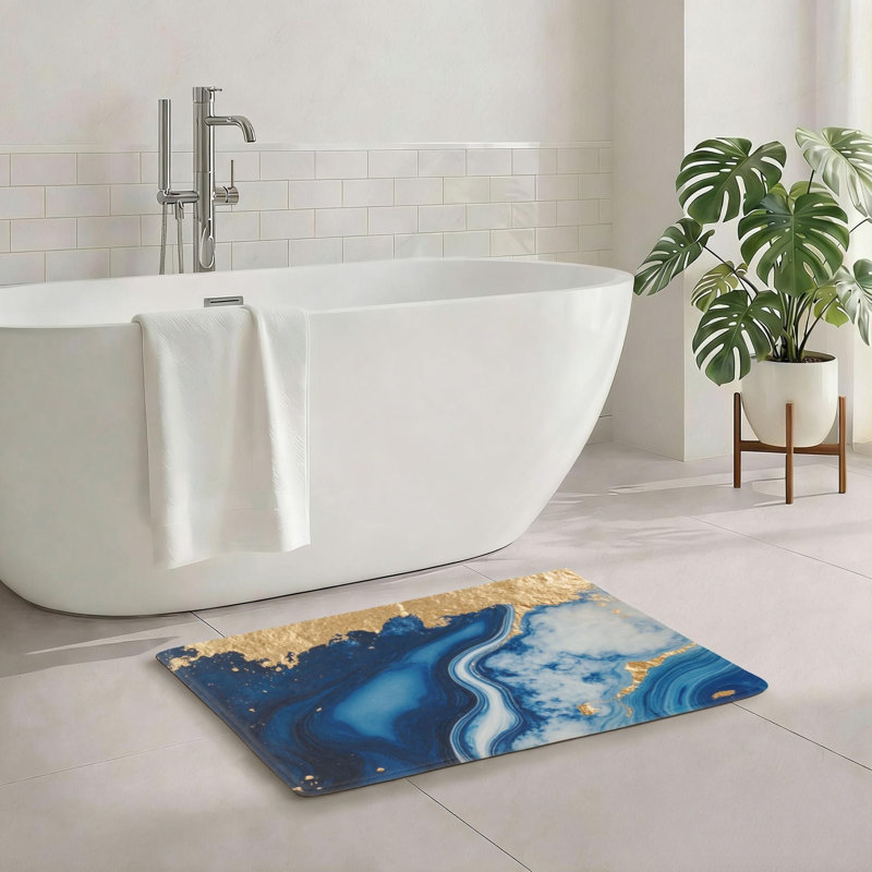 Tapis pour salle de bain, salon, bleu et or, marbre, 20 po x 32 po