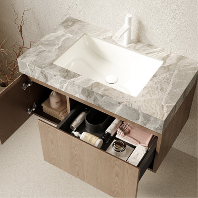 Meuble-lavabo de 36 po, comptoir en pierre frittée grise, lavabo en céramique avec trou de débordement, tiroir de rangement en contreplaqué, meuble-lavabo et comptoir pré-assemblés, porte en bois imperméable, glissière de tiroir à fermeture en douceur,