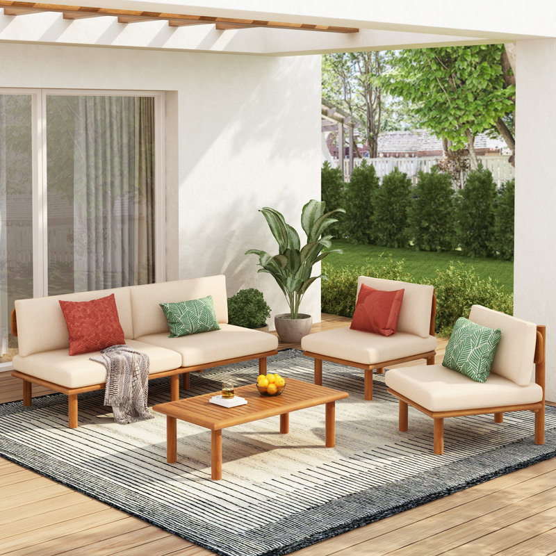 Laguna 4-Piece Outdoor Modern Coastal Solid Acacia Wood Conversation Set With Water-Repellent Cushions