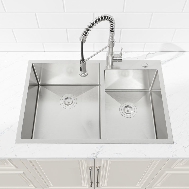 Évier de cuisine à double cuve en acier inoxydable 33 po x 19 po - sur comptoir, avec cuve résistante aux taches, pour un look moderne