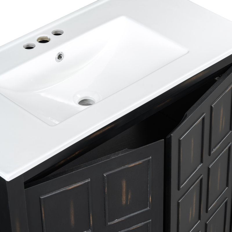 Meuble-lavabo 36 po avec lavabo en céramique et grande armoire de rangement, Espresso/blanc