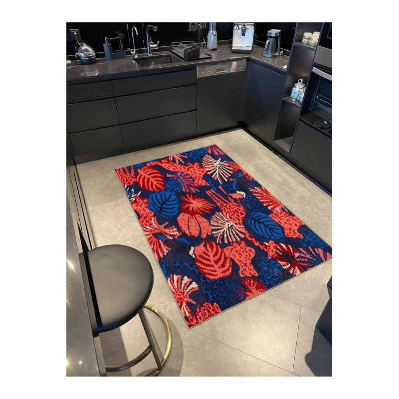 Tapis créatif avec motif de feuille bleue et rouge, Rectangle 2 pi 4 po x 4 pi