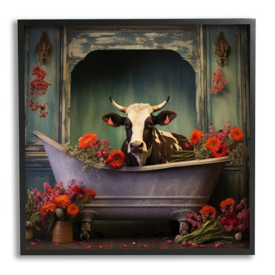 Cow in Vintage Floral Tub Single Picture Frame Print on Canvas