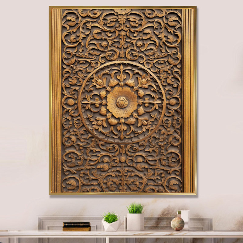 Vieille porte en bois sculpté douzième sur toile, Cadre flottant doré, H 32 po x l 16 po x P 1 po