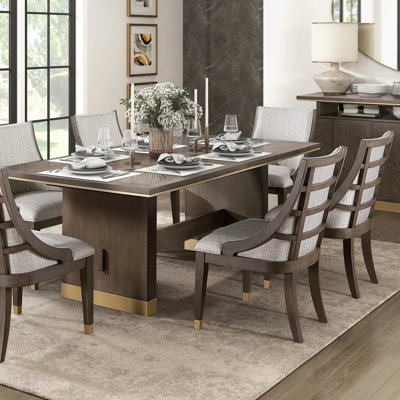 Modern Luxury 7Pc Dining Set With Extension Table And 6 Upholstered Armchairs, Gold Tipping And Textured Fabric For Elegant Dining