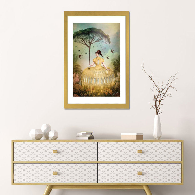 «The Bird Keeper» par Catrin Welz-Stein - impression d'art graphique, H 24 po x l 16 po x P 1 po, Papier encadré doré, Blanc