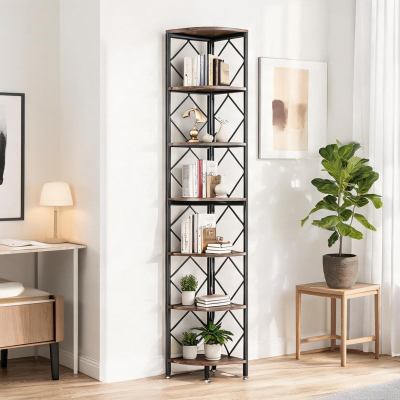 Bibliothèque d'angle à 7 niveaux avec structure en acier et encombrement au sol de 35 cm (13,77 po) pour les petits bureaux à domicile