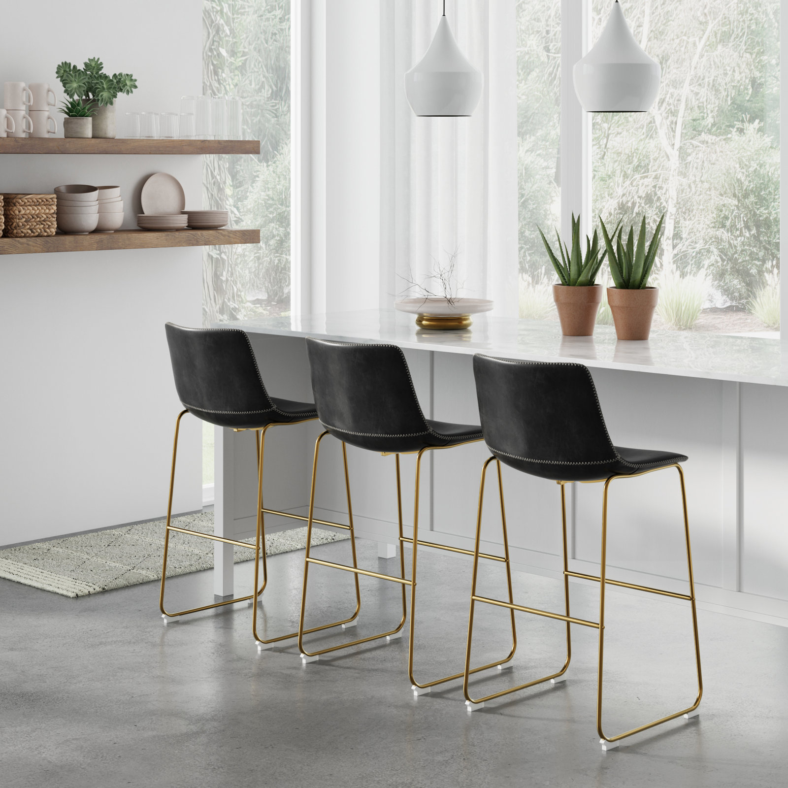 Nia Vegan Leather Bar & Counter Stool, Black, Bar Stool (29" Seat Height), Gold