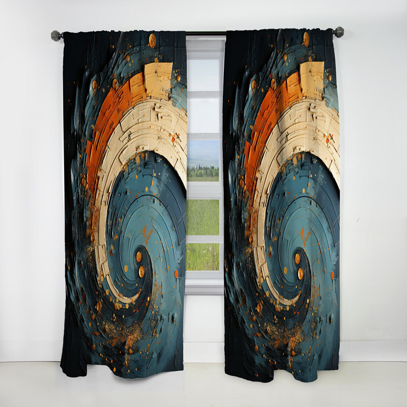 Rideau abstrait occultant - orange et bleu sarcelle Abstract Spirals II, L 52 po x L 108 po
