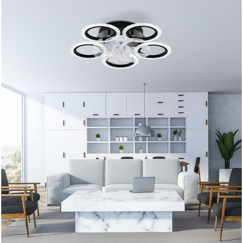 Ventilateur de plafond encastré réversible géométrique moderne à 6 vitesses avec lumière, noir, Model B