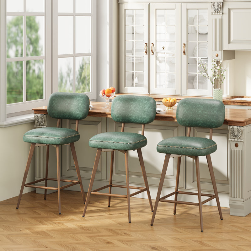 Modern Swivel Upholstered Counter Stools with Metal Frame, Green