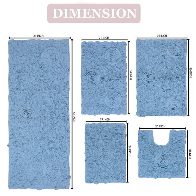 Freida Plush floral Complete Bath Rug set (Set of 5), Sky Blue