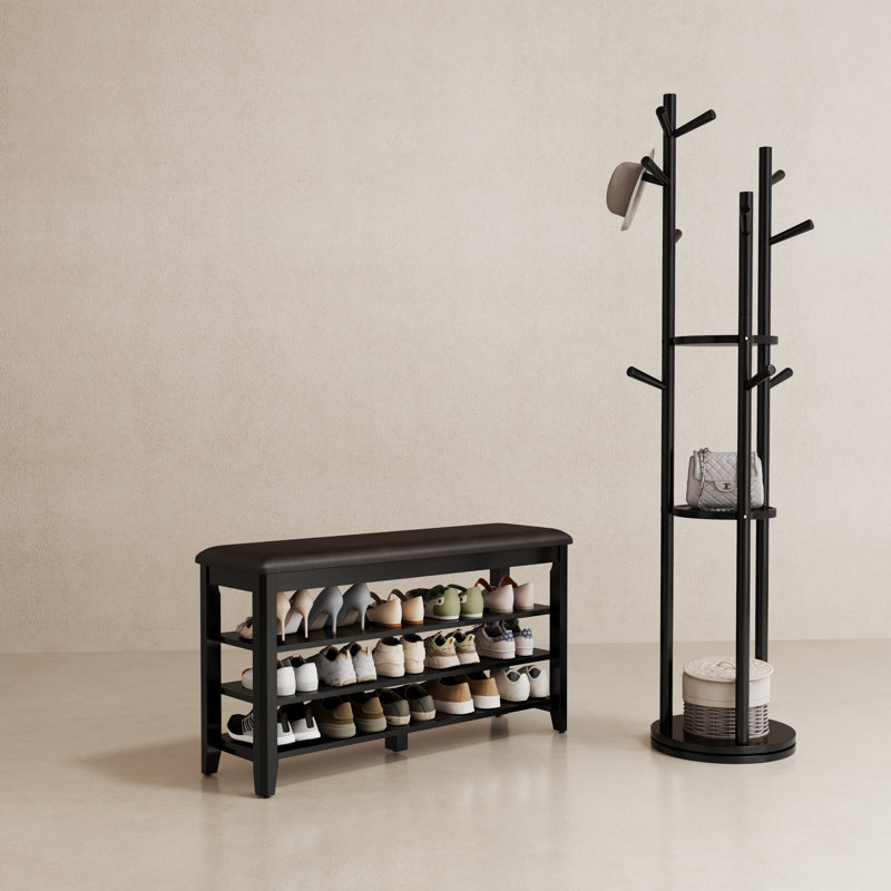 Banc à chaussures en bois massif à 3 niveaux avec rangement, H 20,4 po x l 39,3 po x P 11,8 po, Noir