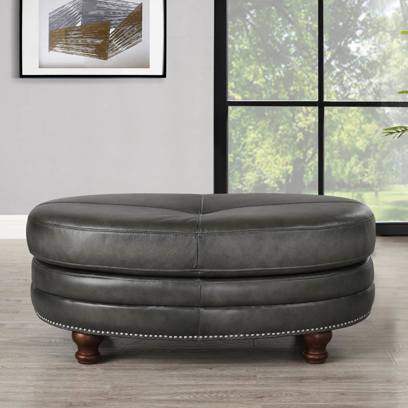 Repose-pieds en cuir - Revêtement avec plumes d'oie et structure en duvet de bois massif gris, tabouret de style Mid-Century à ressorts ensachés