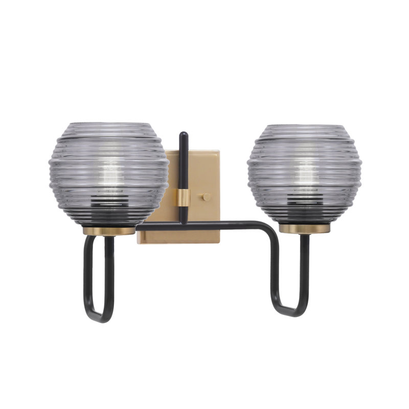 Barre d'éclairage de salle de bain 2 lumières Amarmula, noir mat et laiton vieilli, verre nervuré fumée 6 po, Noir/laiton