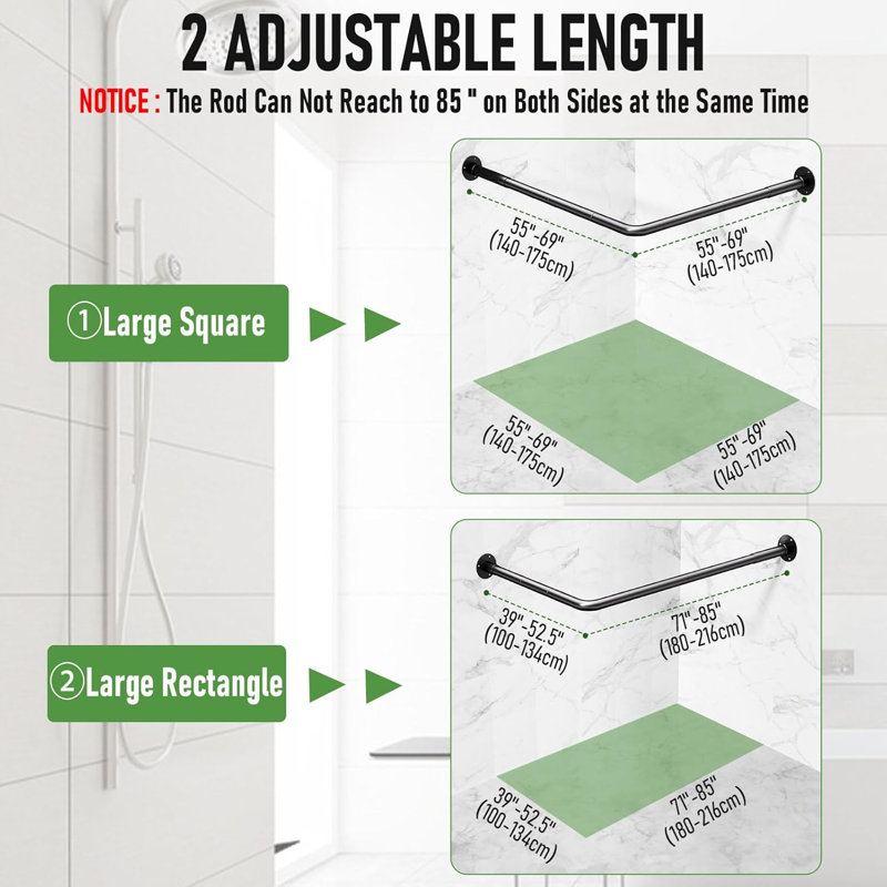 Tringle de rideau de douche réglable en L (39 po - 52,5 po x 71 po - 85 po), noire, 12 crochets et support