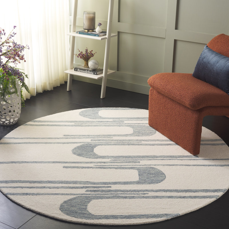 Ardath Ebony Hand Tufted Wool Cotton Abstract Rug in Ivory/Blue, Round 6'