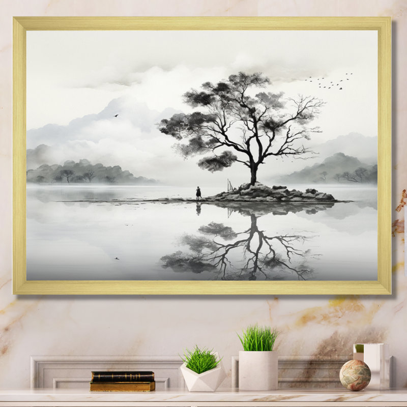 Grey White Minimalism Tree Ink Harmony I - Landscape Trees Wall Art Living Room, Encadrement doré, H 24 po x l 32 po x P 1 po