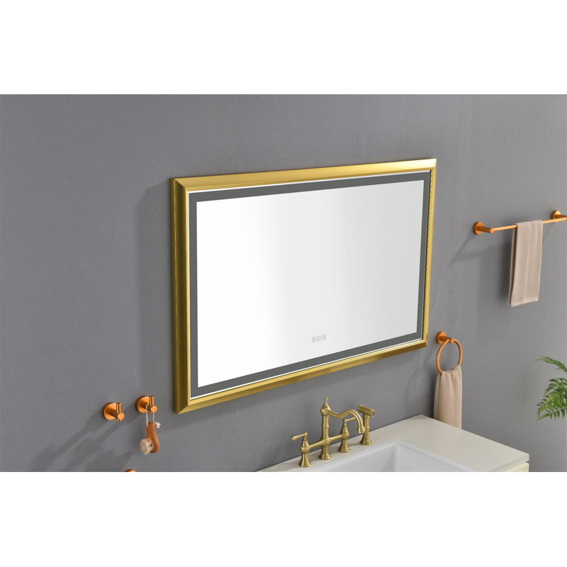 Miroir de salle de bain 48 "x 30" à DEL avec cadre en aluminium, 30 po x 48 po, Or brossé