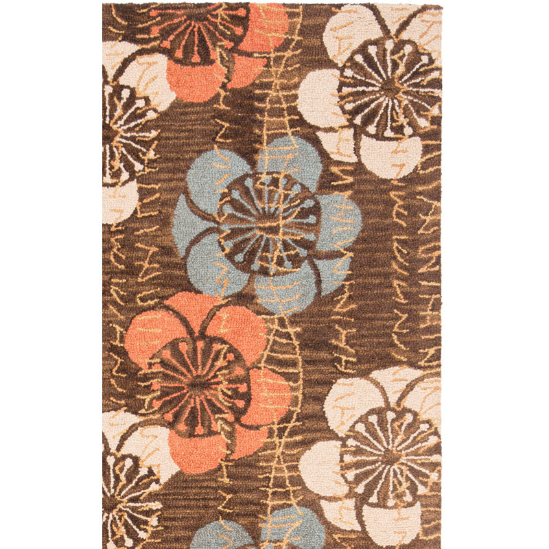 Charlotte Blossom Hand Hooked Wool/Cotton/Latex Floral Rug in Brown, Rectangle 2'6" x 4'