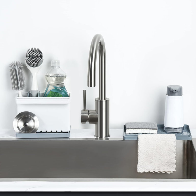 Support en plastique pour éponge de cuisine et porte-brosse pour évier, organisateur de comptoir avec séparateurs, Gris