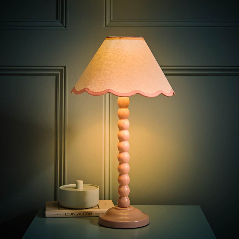 Nephi Bobbins Painted Table Lamp with Tapered Natural Linen Trim Scallop Shade, Natural Linen with Pink Trim, Pink, No