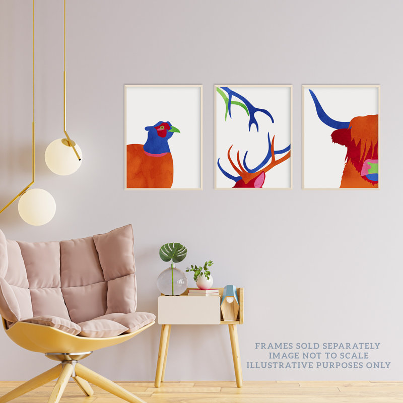 Scottish Animals Highland Coo Cow Grouse Deer Abstract Colour Block - 3 Piece No Frame Print Set, 29.7cm H x 21cm W x 0.4cm D