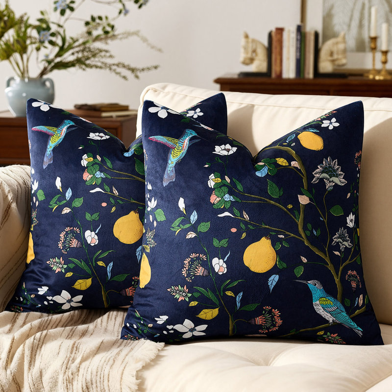 Velvet Floral Hummingbird Pillow Covers, Whimsical Home Decorative Sofa Bed Covers, Square 18", Navy Blue