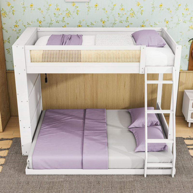 Twin over Full Wooden Bunk Bed with Light Strip and Storage Shelves, White